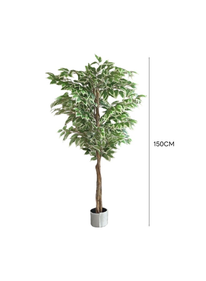 Sharpdo 150CM Artificial Variegated Ficus Tree, Lifelike Faux Variegated Ficus Plant with Natural Wood Trunk, Low Maintenance Fake Floor Plant for Home Office Living Room Corner Decor, Potted - Image 5